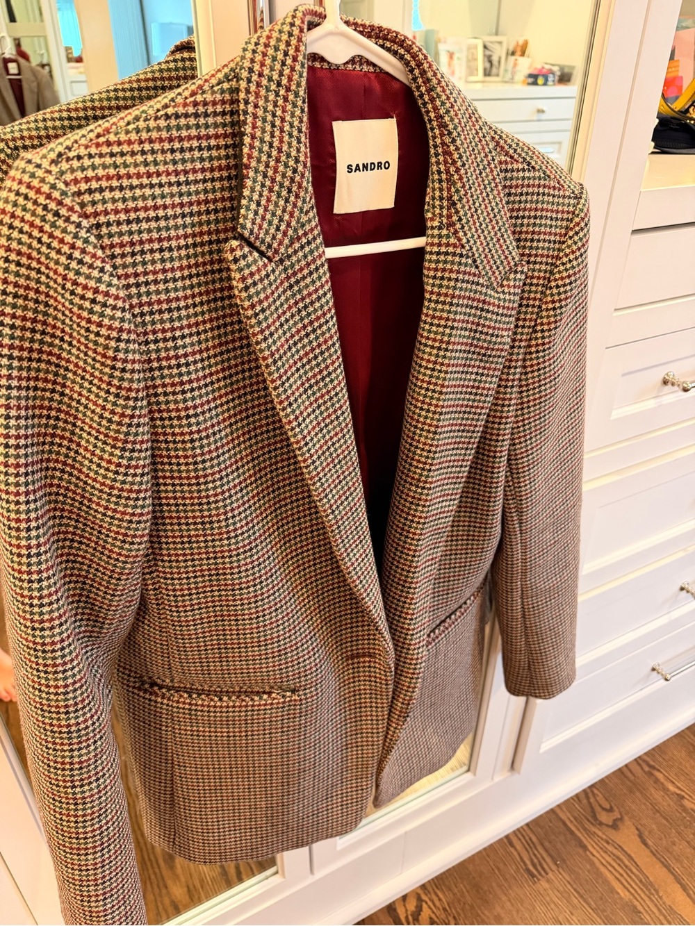 Sandro Multicolor Houndstooth Blazer with Burgundy Lining